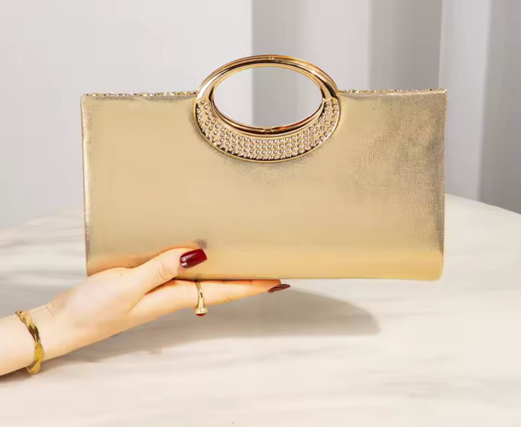 Gold Glitter Evening Clutch Bag with Elegant Round Handle
