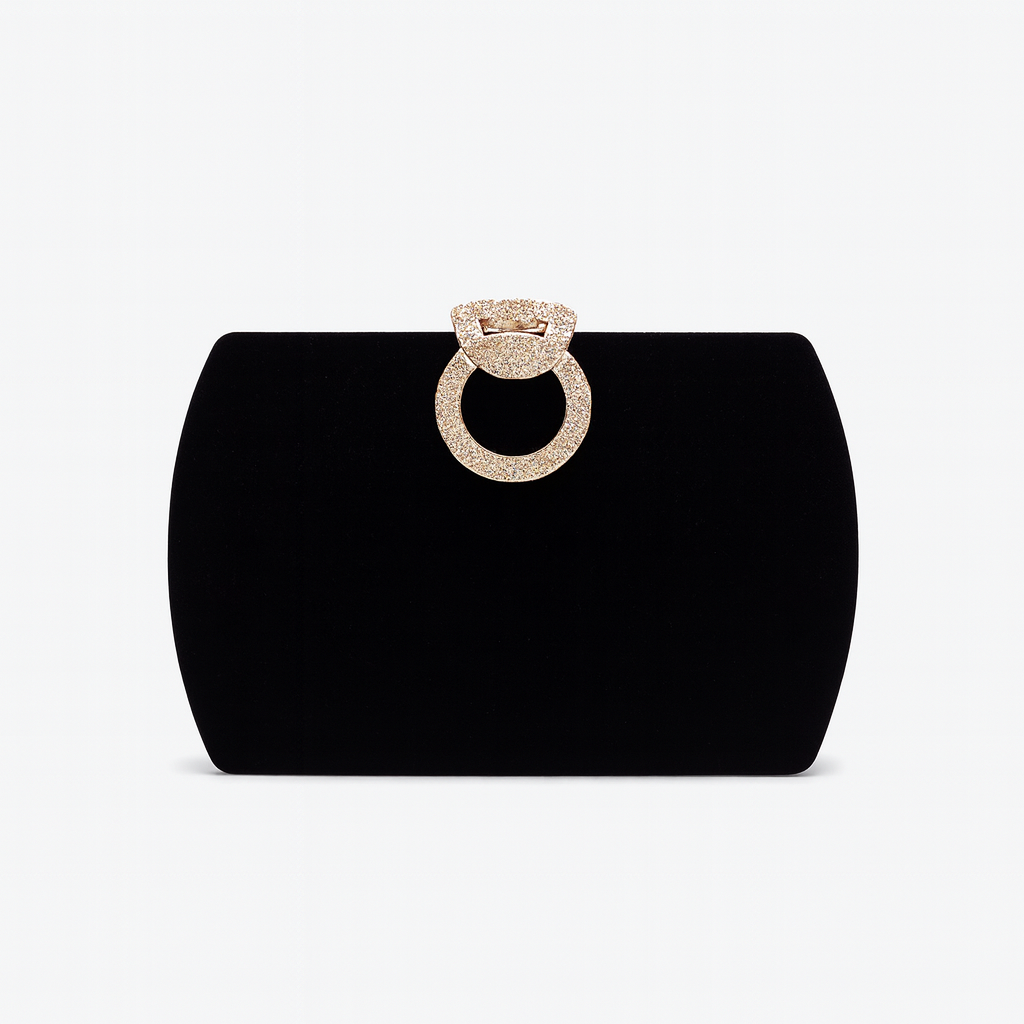 Elegant Black Velvet Clutch with Crystal Gold Ring Clasp