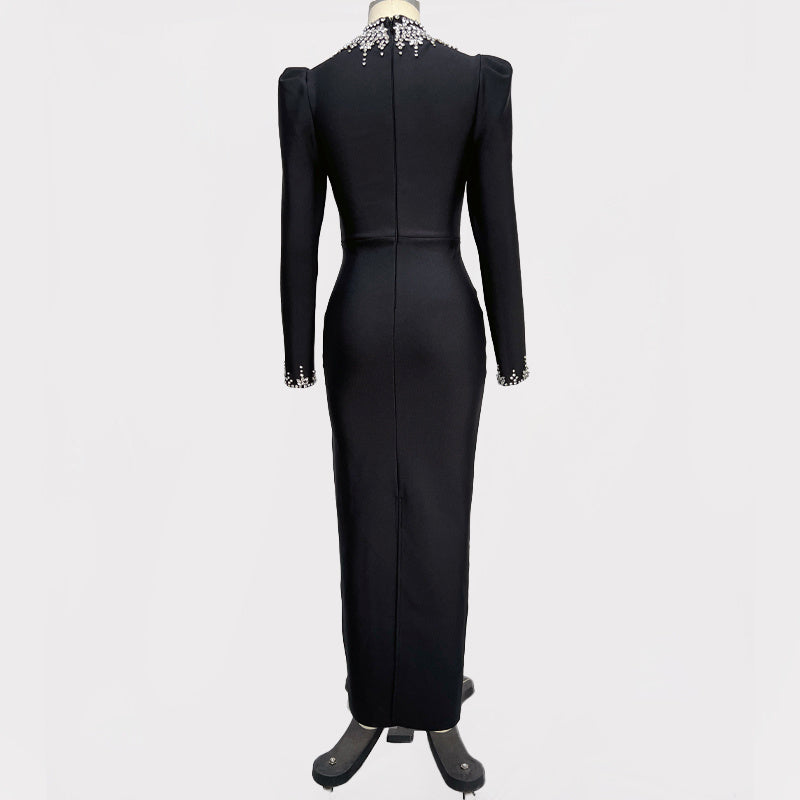 Bodycon Gown with Crystal Embellished Collar and Cuffs