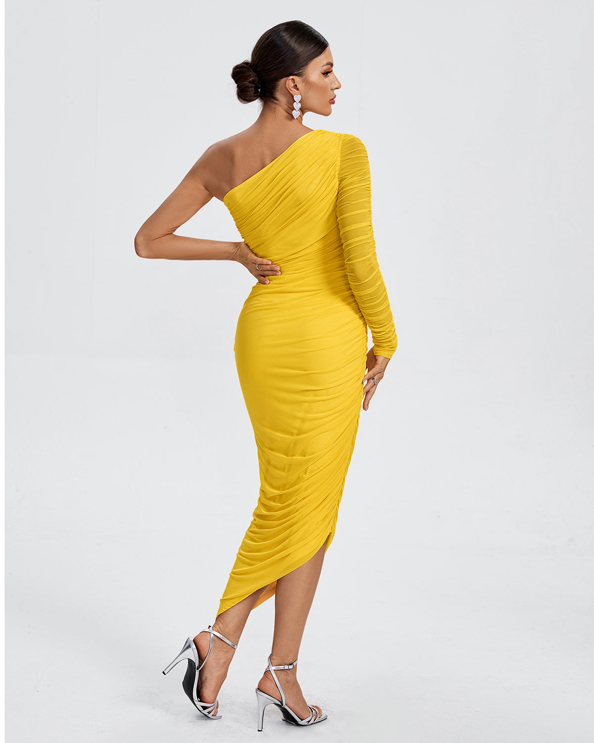 One-Shoulder Ruched Bodycon Midi Dress