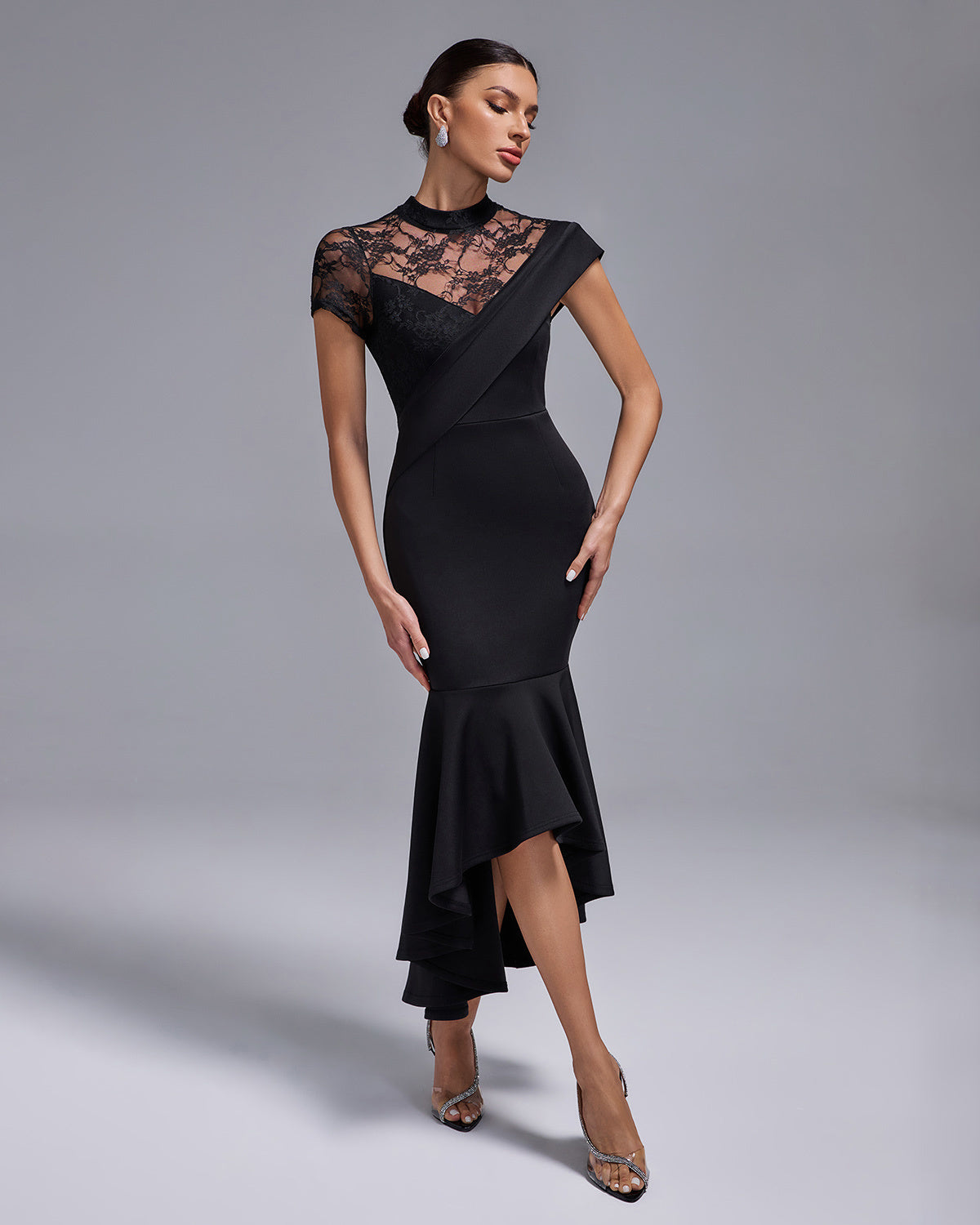 Black Lace Panel Asymmetric Midi Dress