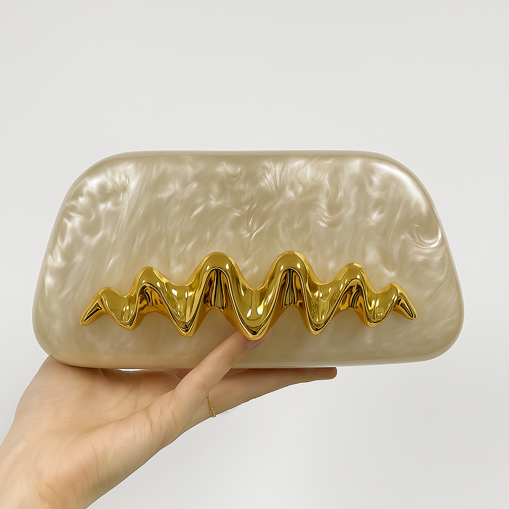 Pearlescent Acrylic Clutch with Sculptural Gold Wave Handle