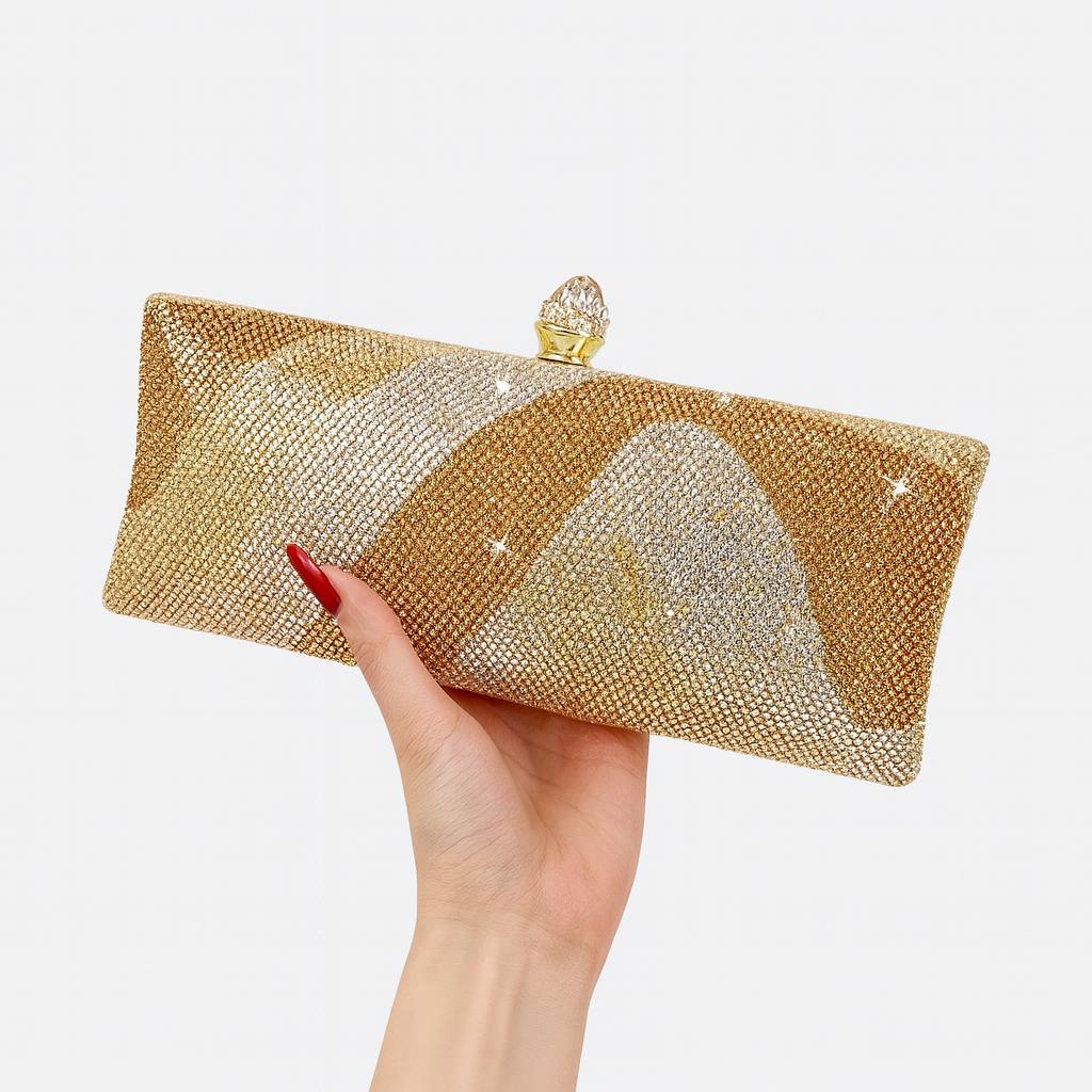 Luxury Gold & Silver Rhinestone Evening Clutch with Crystal Clasp